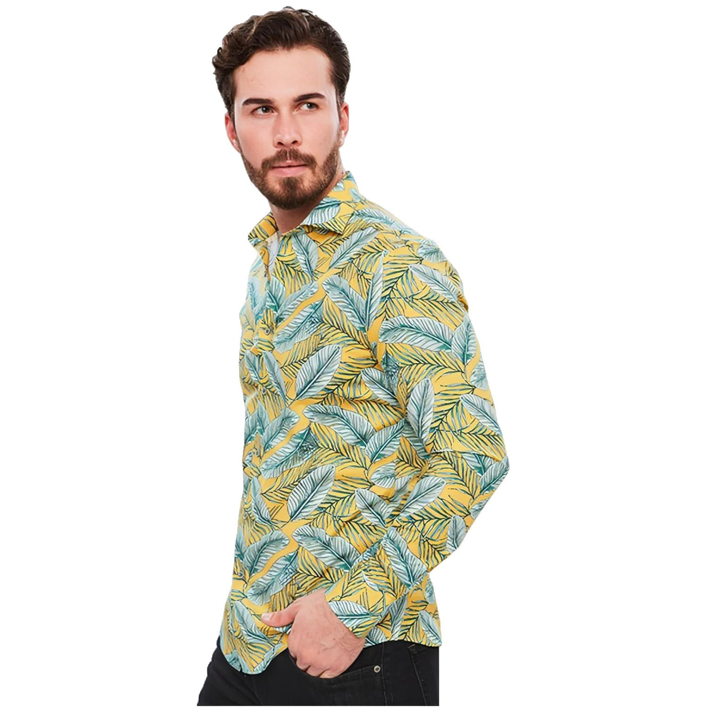Dakraam Jeugd viering Web Blouse Heren Overhemd Slim Fit Leaves Geel Print – WBLifestyle